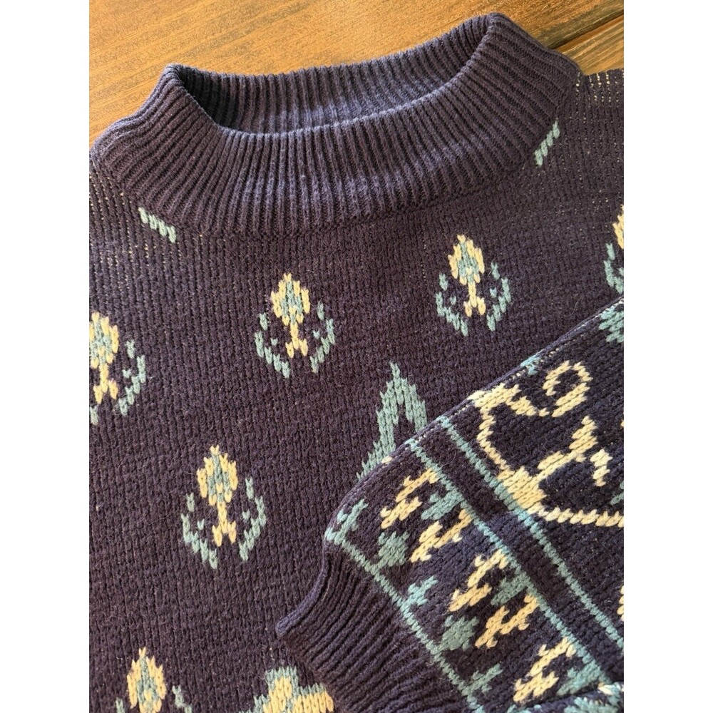 Vintage Vanderbilt Sweater Womens Medium Blue Mock Neck Pullover Fair Isle Knit